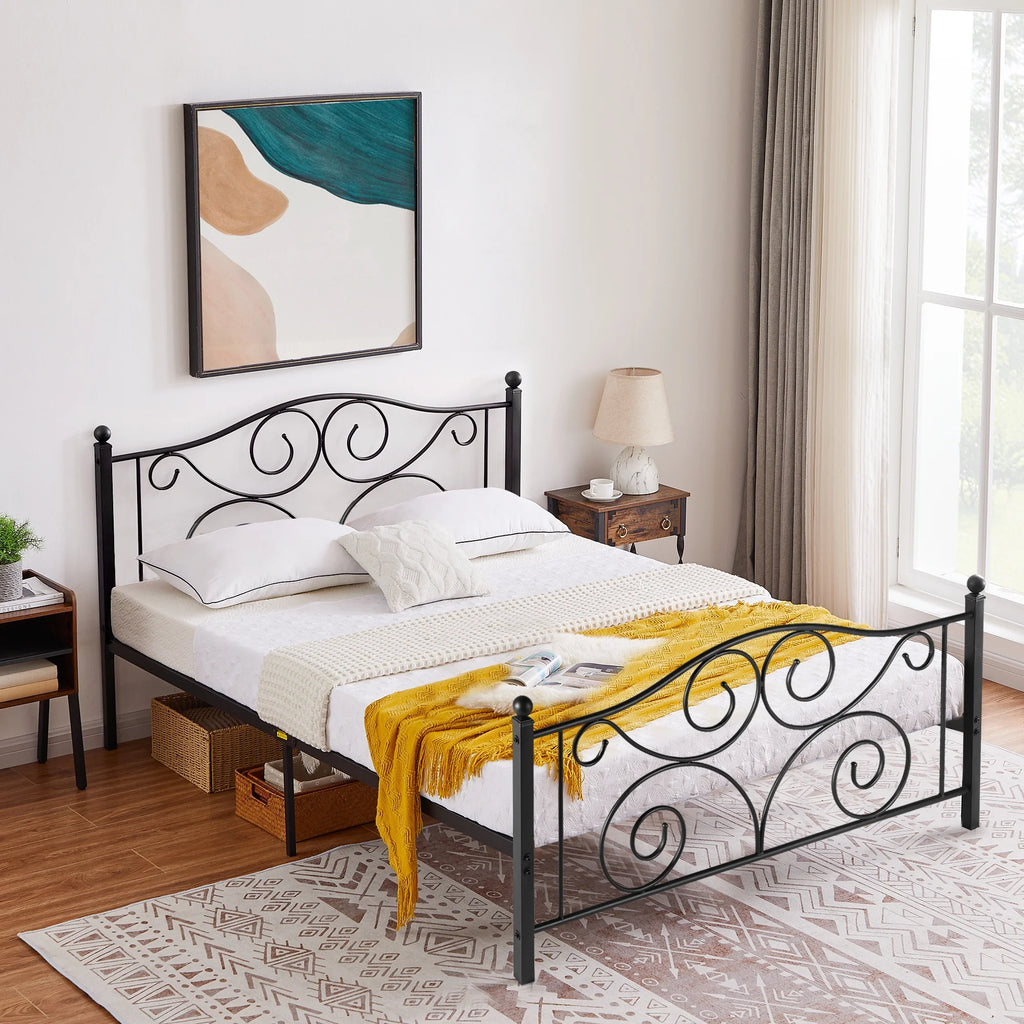 Metal Platform Bed Frame with Victorian Headboard and Footboard, Full Size, Black F463613