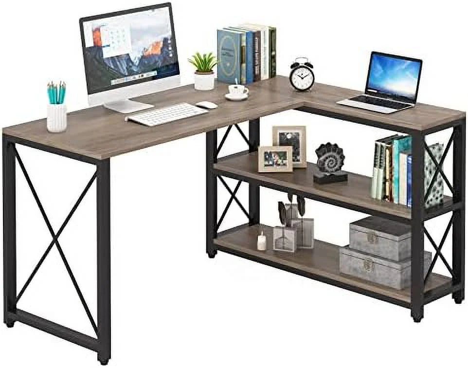 Reversible L-Shaped Corner Computer Desk with Shelves Y2426