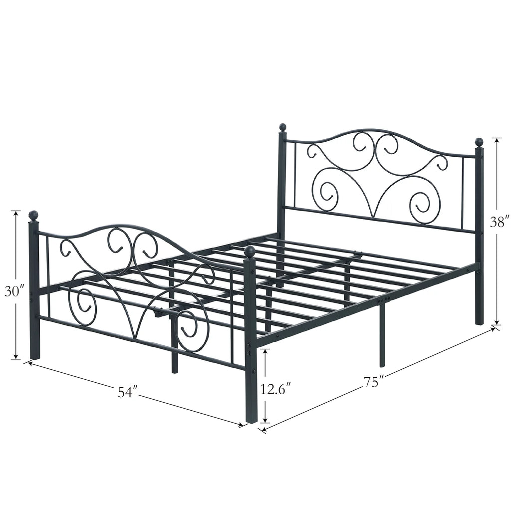 Metal Platform Bed Frame with Victorian Headboard and Footboard, Full Size, Black F463613