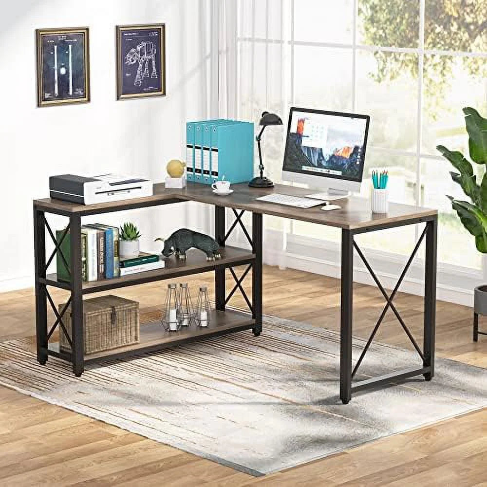 Reversible L-Shaped Corner Computer Desk with Shelves Y2426