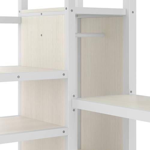 Queen Size White Wood Grain Metal Loft Bed with Desk and Wardrobe L486