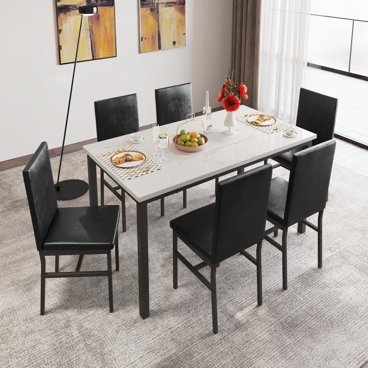7 Piece Faux Marble Dining Table & Chair Set S800
