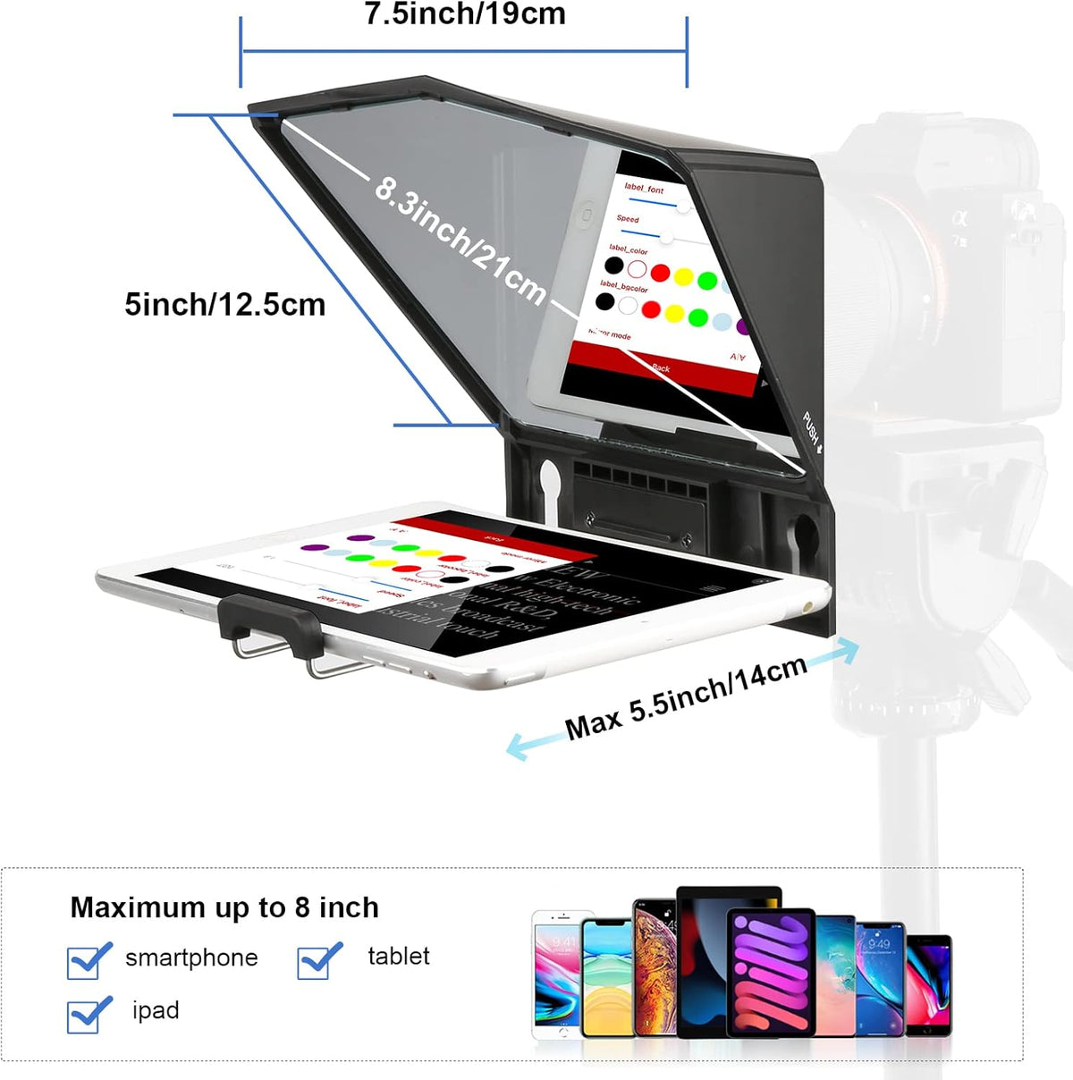8 inch Portable Phone Teleprompter Kit with Beam Split Glass & Remote Control W413977