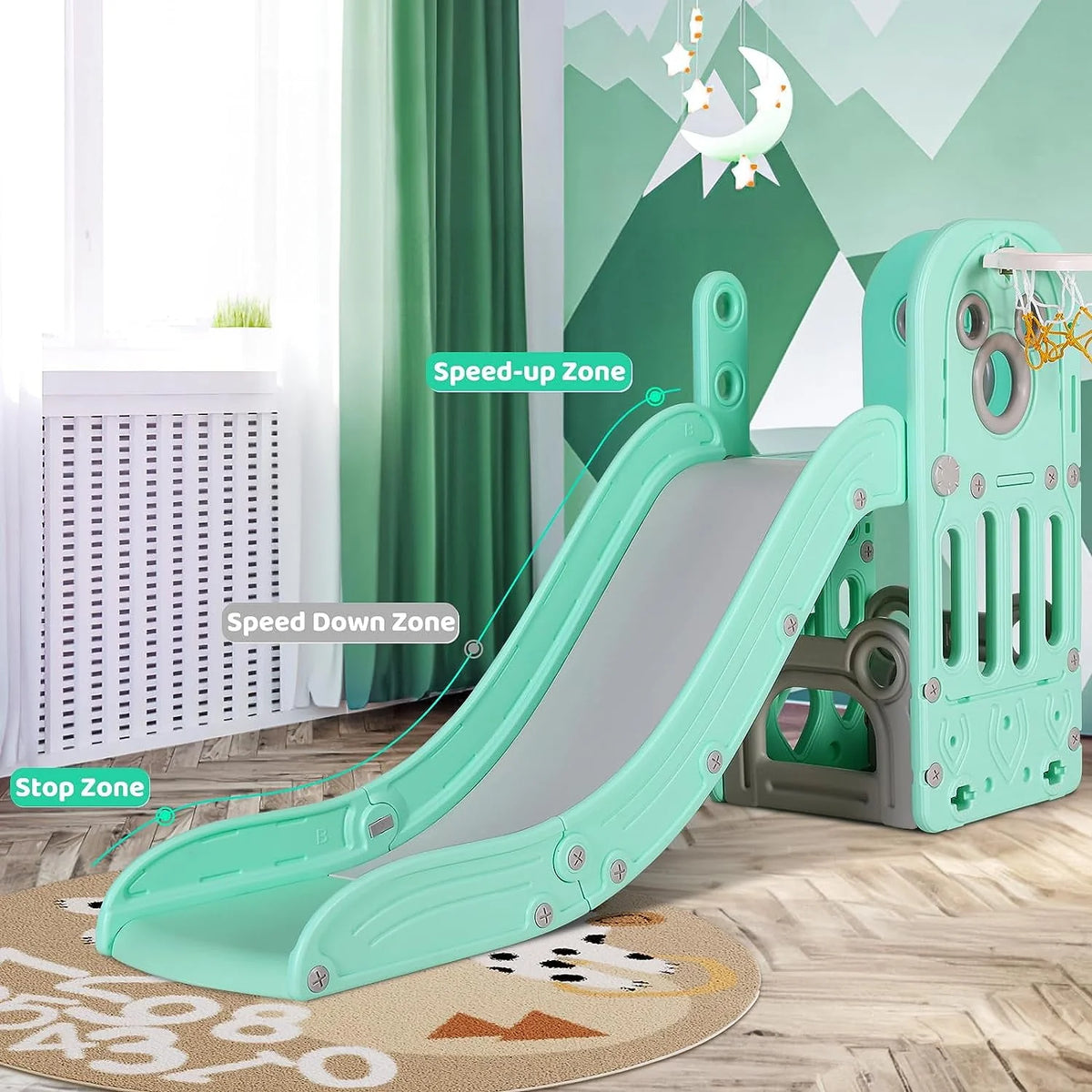 4 in 1 Toddler Slide and Climber Playset with Basketball Hoop B992
