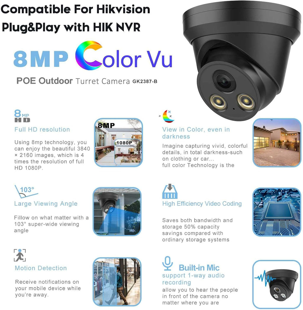 8MP Colorvu POE IP Camera with Mic, 4K Outdoor Bullet Security with 98ft Full Color Night Vision, 2.8 mm Fixed Lens, IP67 W603213