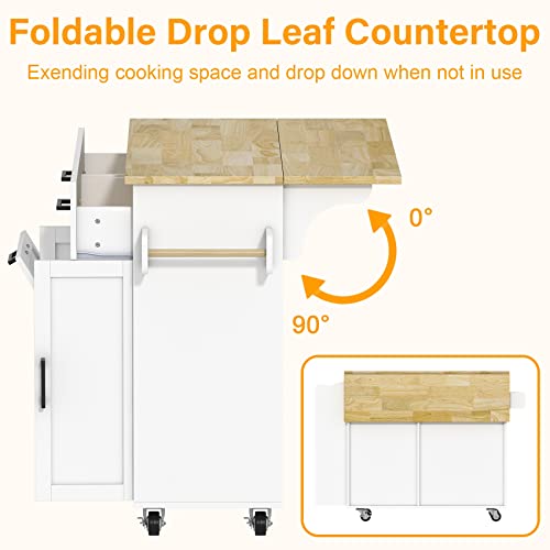 Rolling Kitchen Island with Trash Cabinet, 2 Drawers, Drop Leaf, 3 Spice Rack B17030