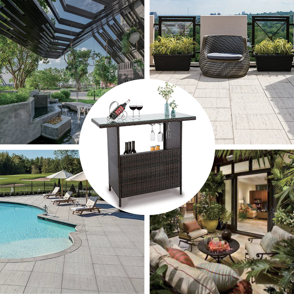 Outdoor Patio Rattan Wicker Bar Counter Table Tempered Glass Tabletop T4014
