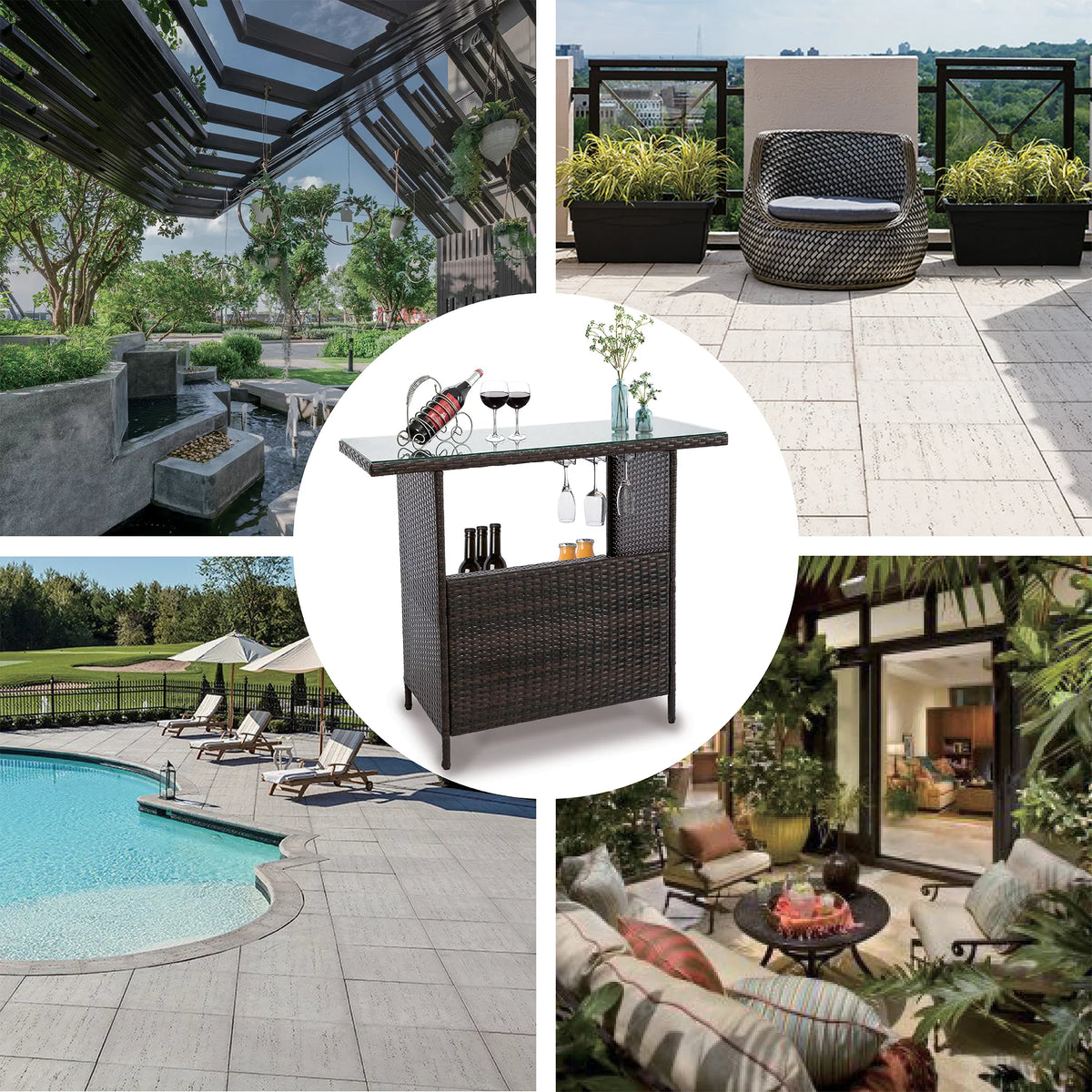 Outdoor Patio Rattan Wicker Bar Counter Table Tempered Glass Tabletop T4014
