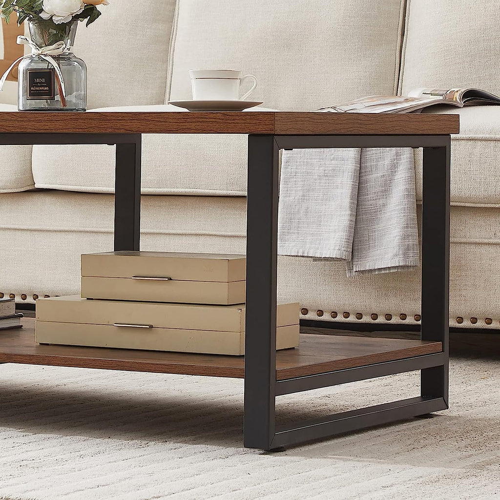 47 Inch Rustic Brown Wood Coffee Table with Storage Shelf U8701