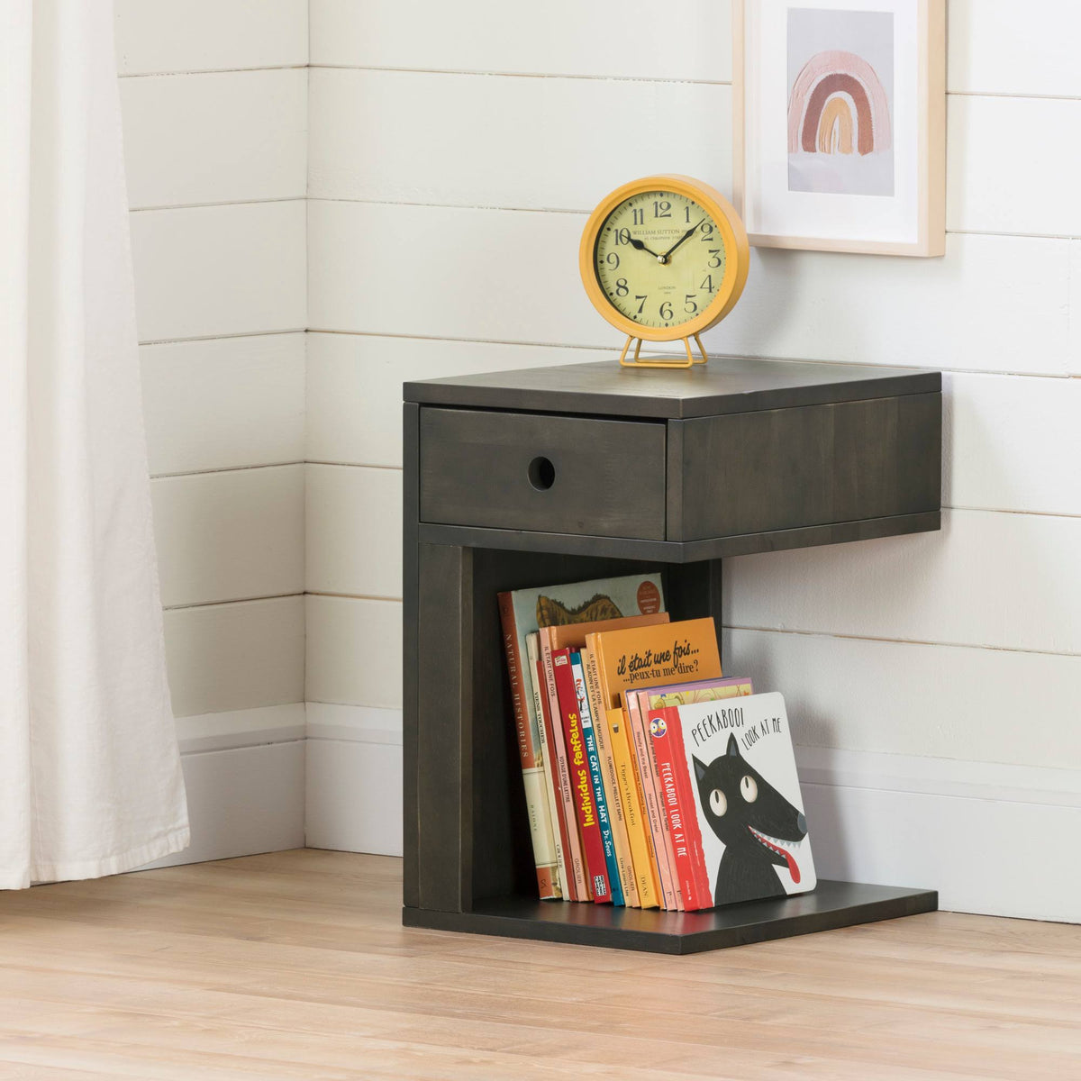 Black 1-Drawer Solid Wood Nightstand O6181