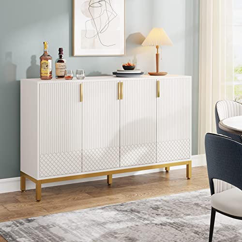 59 Inch White and Gold Buffet Cabinet with 4 Doors W7451