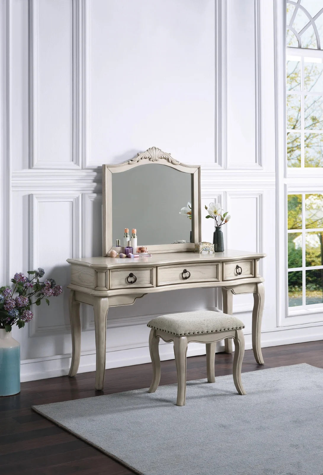 Antique White Vanity Set with Stool and Mirror B336549