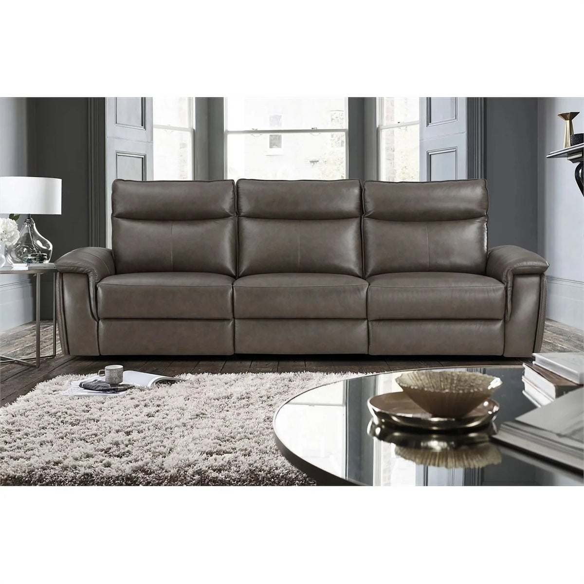 Brown Leather Double Reclining Sofa with Headrests C163