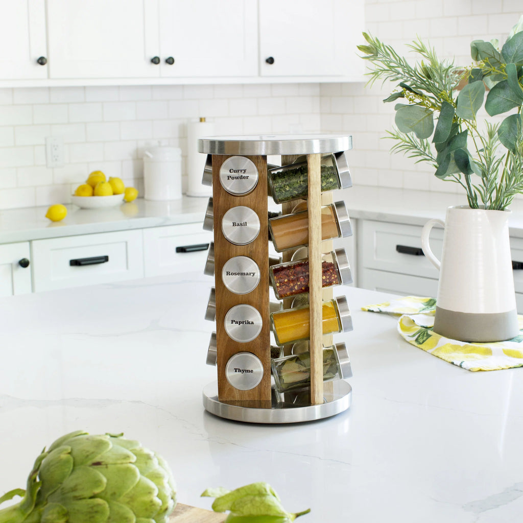 20 Natural Rotating Acacia Wood Spice Jar Rack Set A75320