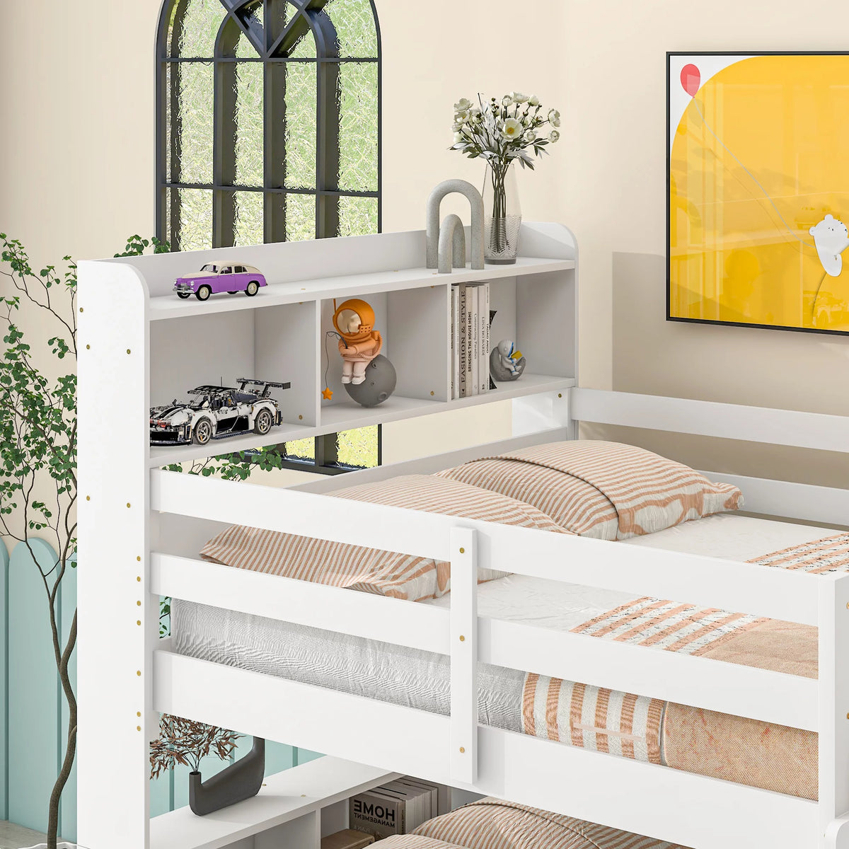 Full Over Full Bunk Beds with Bookcase Headboard Solid Wood Bed Frame with Safety Rail and Ladder White G3455
