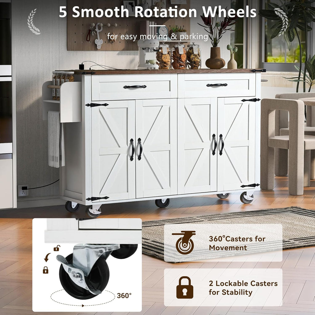 White Kitchen Island with Power Outlet, Drop Leaf and Spice Rack J506