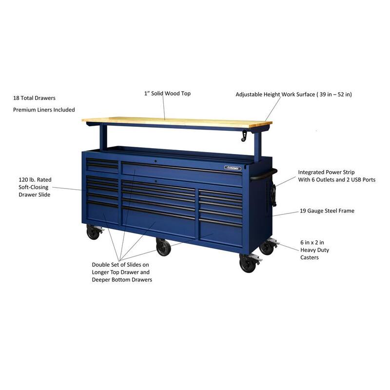 72 in. Heavy Duty Matte Blue Mobile Workbench Cabinet with Solid Wood Top R936