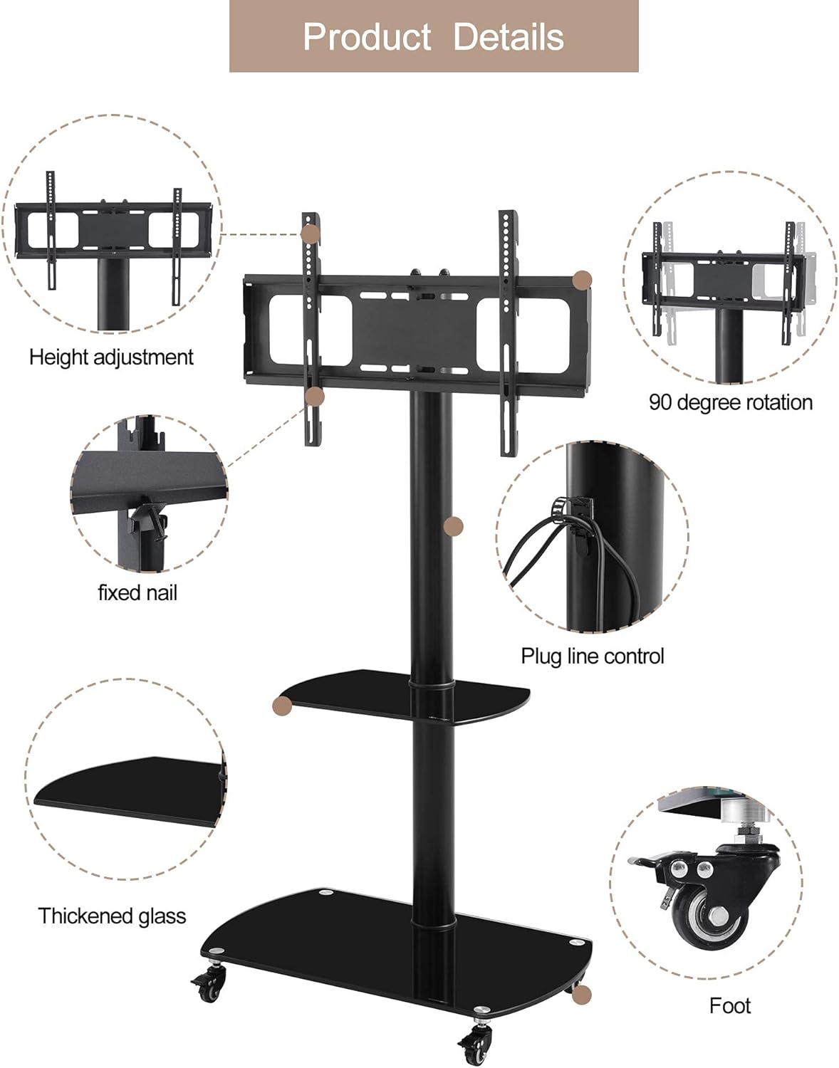 Mobile TV Cart with Wheels for 32-65 Inch, Height and Angle Adjustable Tempered Glass Metal Frame H721