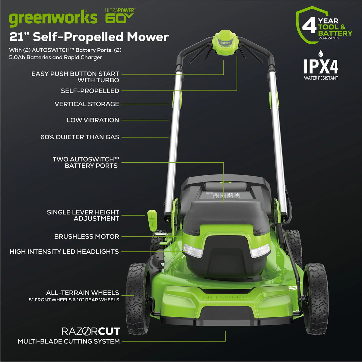 60V 21” Self-Propelled Lawn Mower with 5.0 Ah Batteries & Rapid Charger V834277