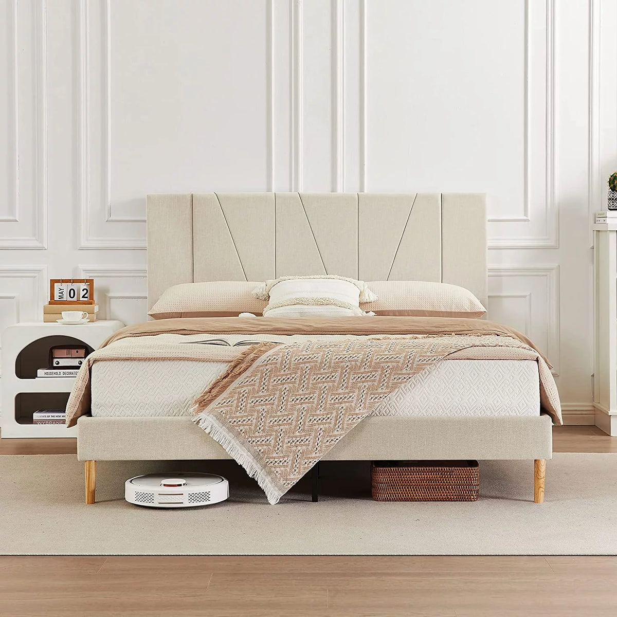 King Size Beige Fabric Upholstered Platform Bed Frame V762