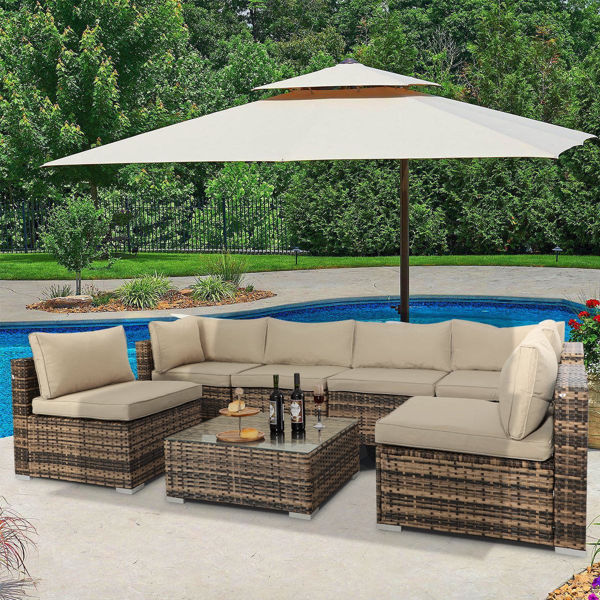 7 Pieces PE Rattan Patio Furniture Set with Table and Cushions W32096
