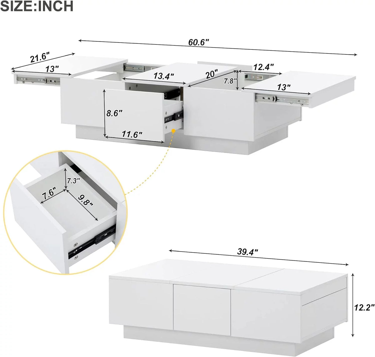 Extendable Coffee Table with 2 Drawers and Sliding Top, 39.3" White Z877461