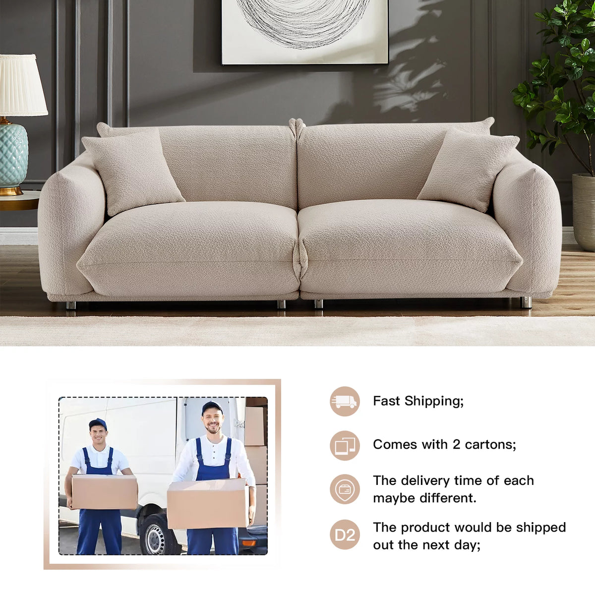 87" W Camel Lambswool 3 Seater Sofa with Metal Legs B8424
