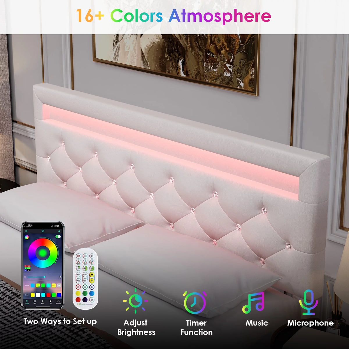 Queen Size LED Upholstered Platform Bed Frame with Adjustable Headboard Q166