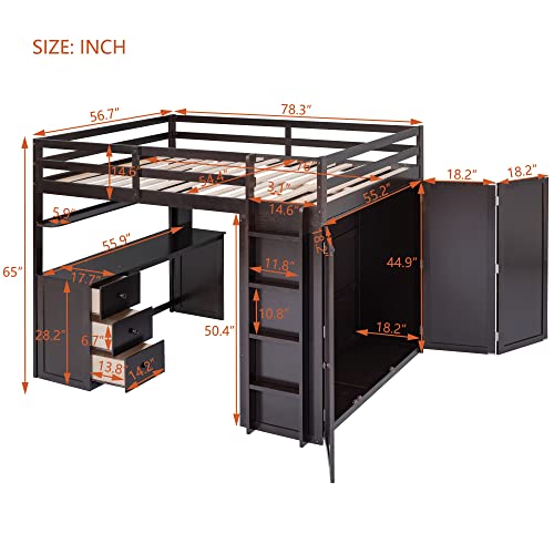 Full Size White Wood Loft Bed with Desk Wardrobe Storage Drawers C3840