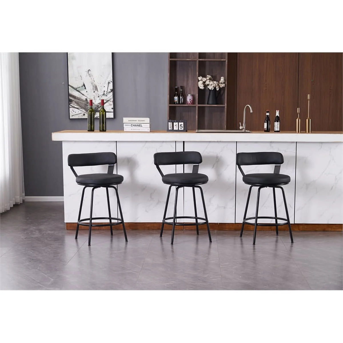 Black Faux Leather Swivel Counter Stool Set of 3 D89976
