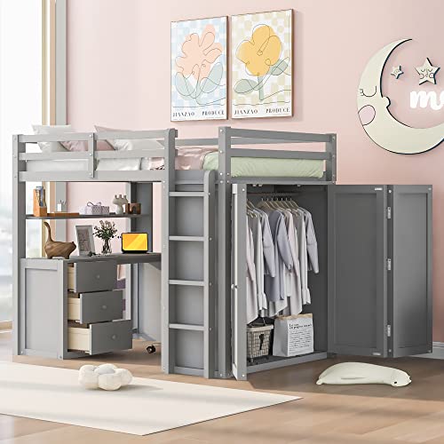 Full Size White Wood Loft Bed with Desk Wardrobe Storage Drawers C3840