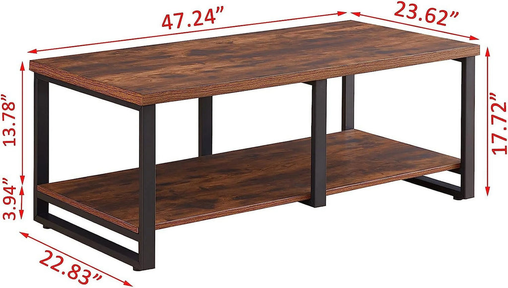 47 Inch Rustic Brown Wood Coffee Table with Storage Shelf U8701