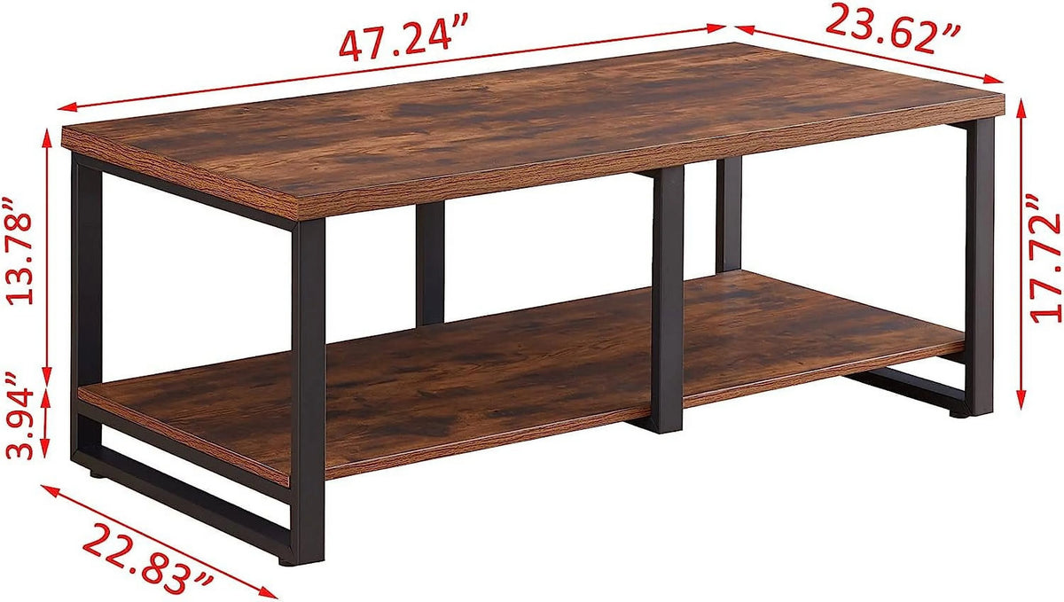 47 Inch Rustic Brown Wood Coffee Table with Storage Shelf U8701