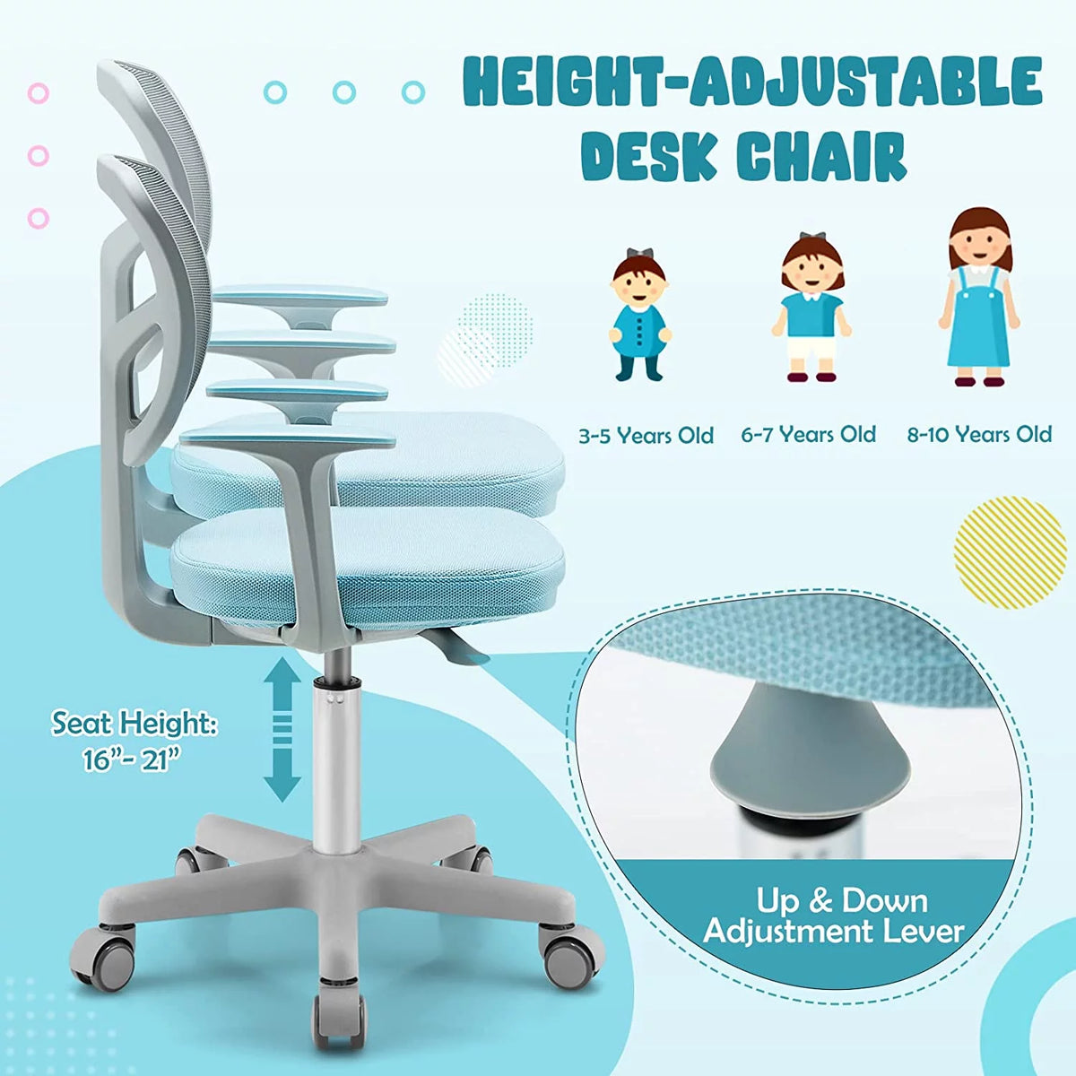 Blue Height Adjustable Swivel Mesh Kids Desk Chair T4963