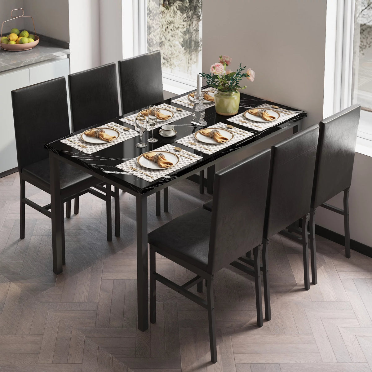 7 Piece Faux Marble Dining Table & Chair Set S800