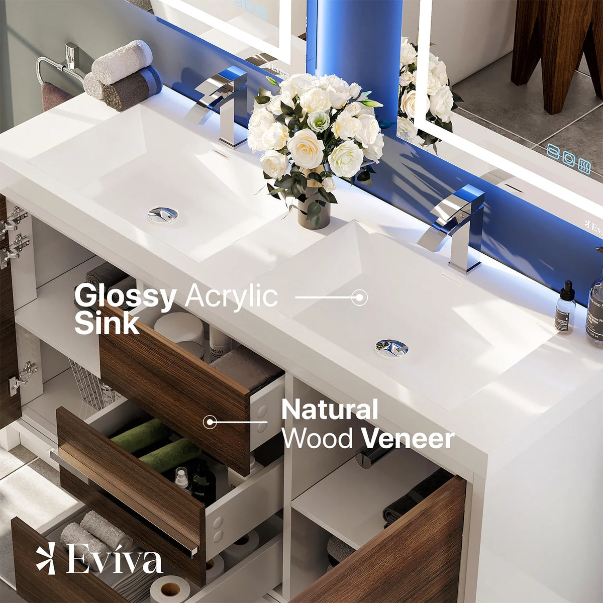 60 in. Gray Oak and White Bathroom Vanity with Double Acrylic Countertop I199113