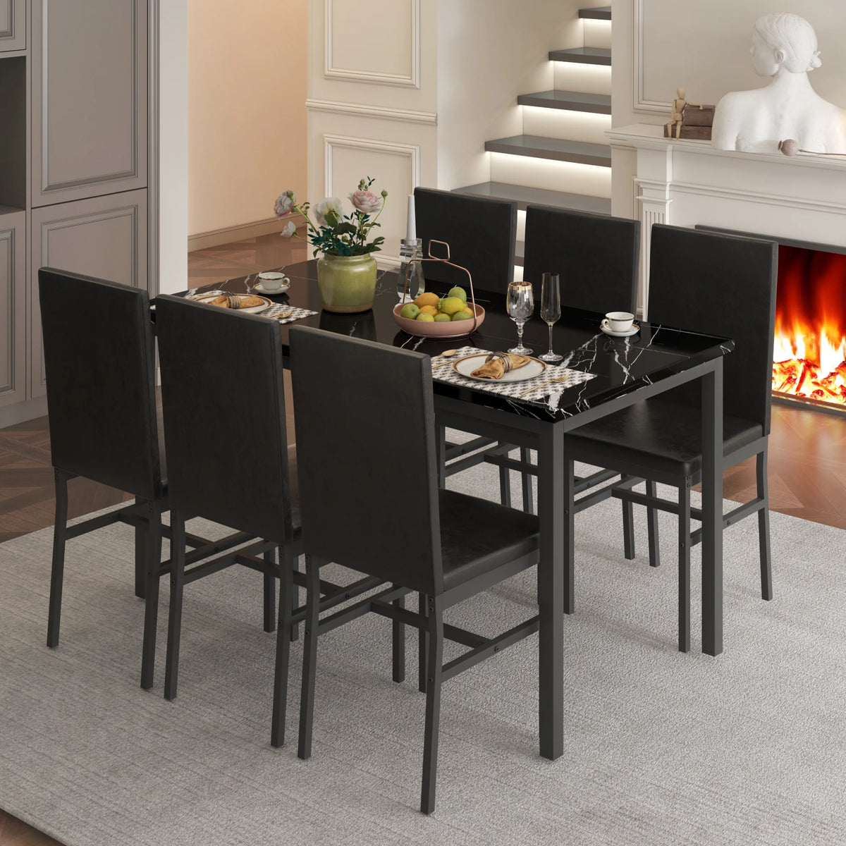 7 Piece Faux Marble Dining Table & Chair Set S800