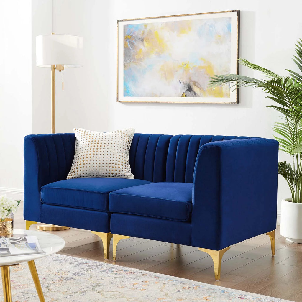 Blue Navy Velvet Tufted Loveseat Sofa F49732