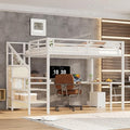 Queen Size White Wood Grain Metal Loft Bed with Desk and Wardrobe L486