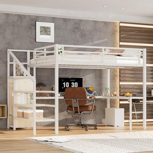 Queen Size White Wood Grain Metal Loft Bed with Desk and Wardrobe L486