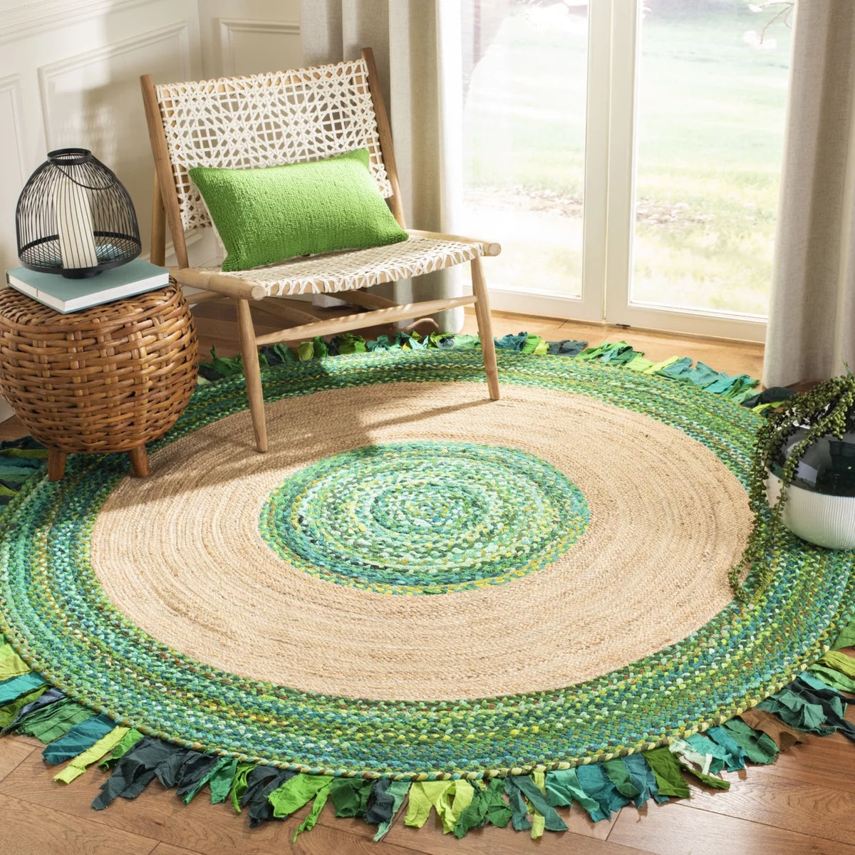 Green Natural 5' x 5' Round Braided Area Rug U357069