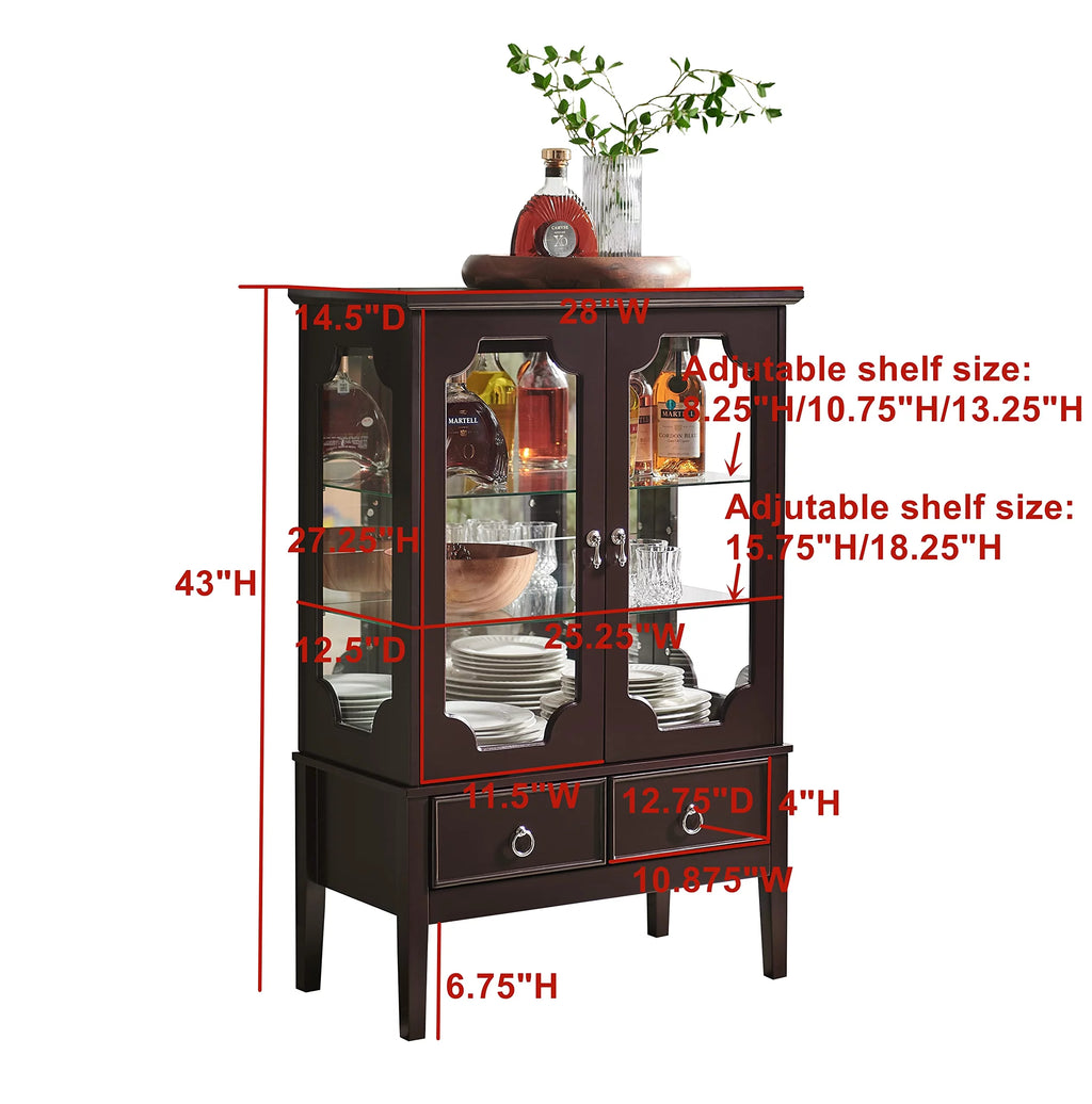 Wood Curio Display Storage Cabinet with 2 Glass Shelves & 2 Drawers D447