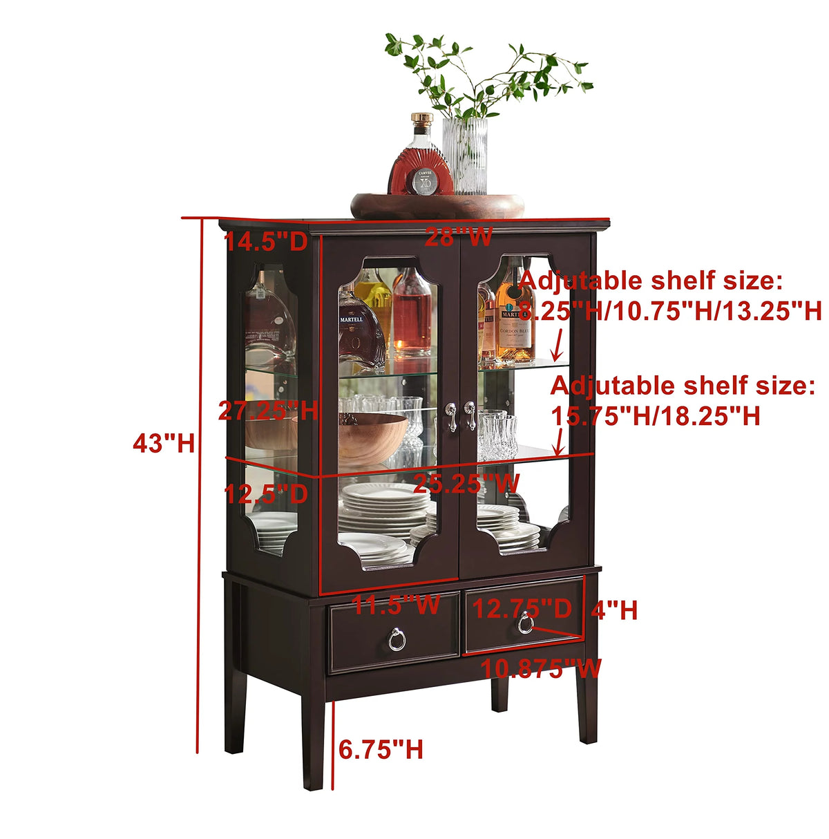 Wood Curio Display Storage Cabinet with 2 Glass Shelves & 2 Drawers D447