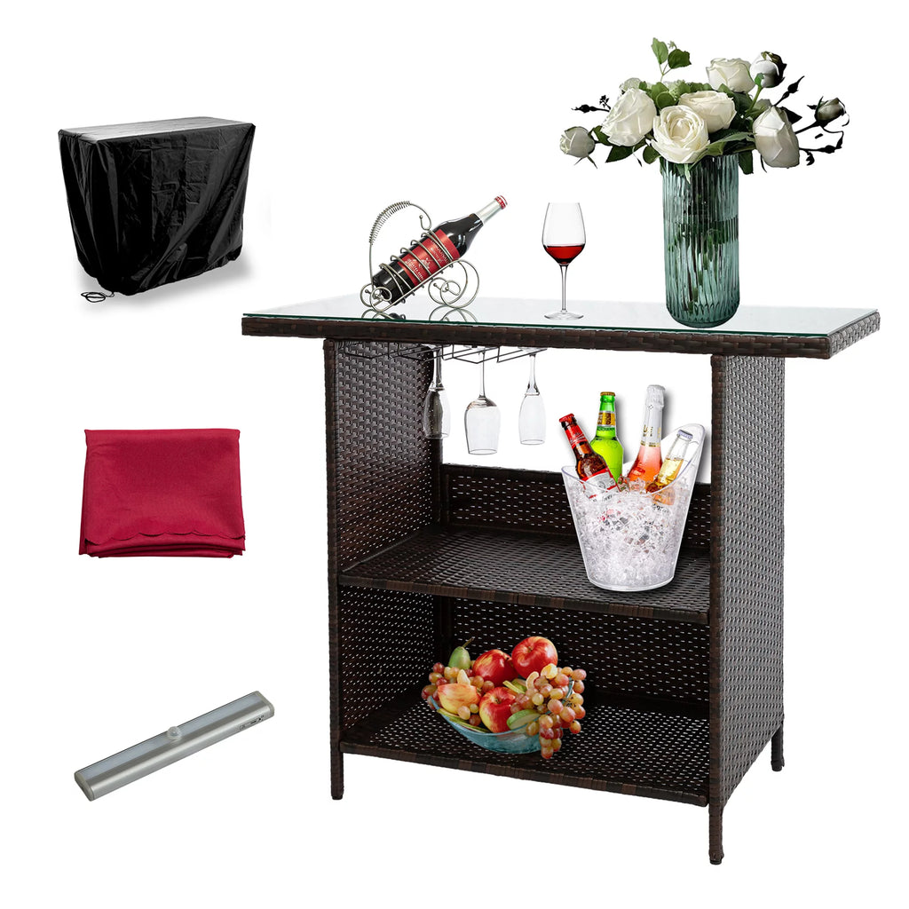 Outdoor Patio Rattan Wicker Bar Counter Table Tempered Glass Tabletop T4014