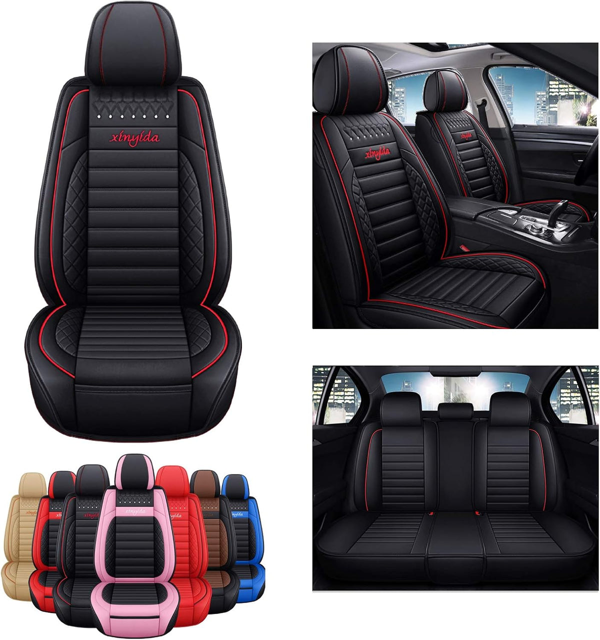 Faux Leather Car Seat Covers Full Set Black Red E7784