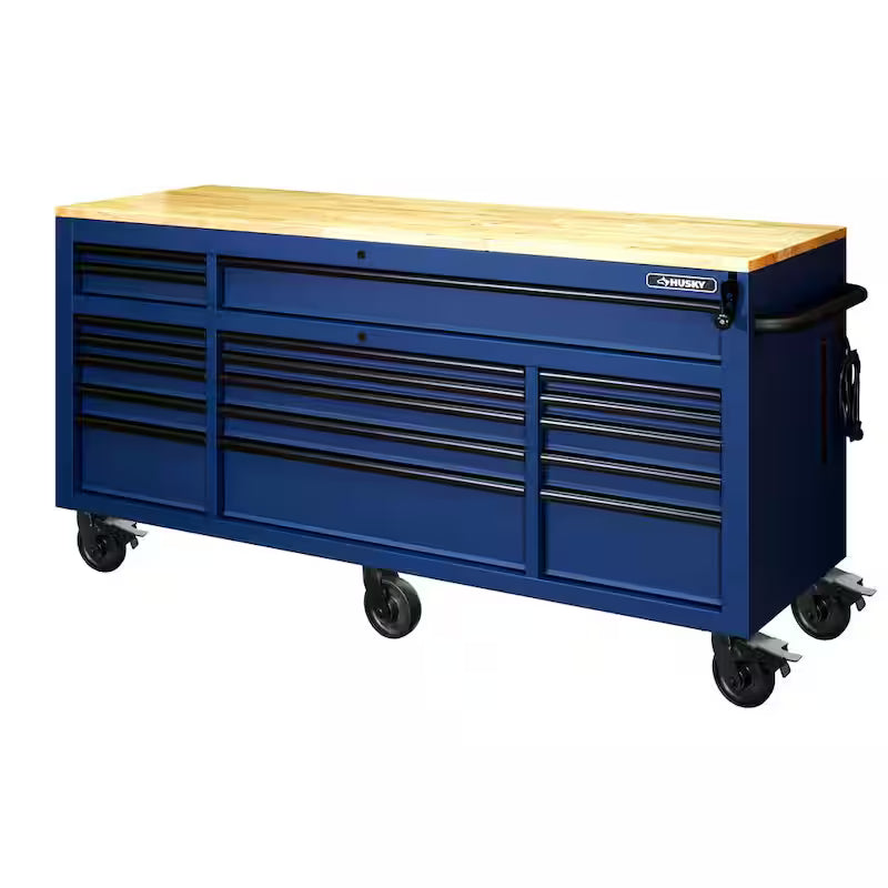72 in. Heavy Duty Matte Blue Mobile Workbench Cabinet with Solid Wood Top R936
