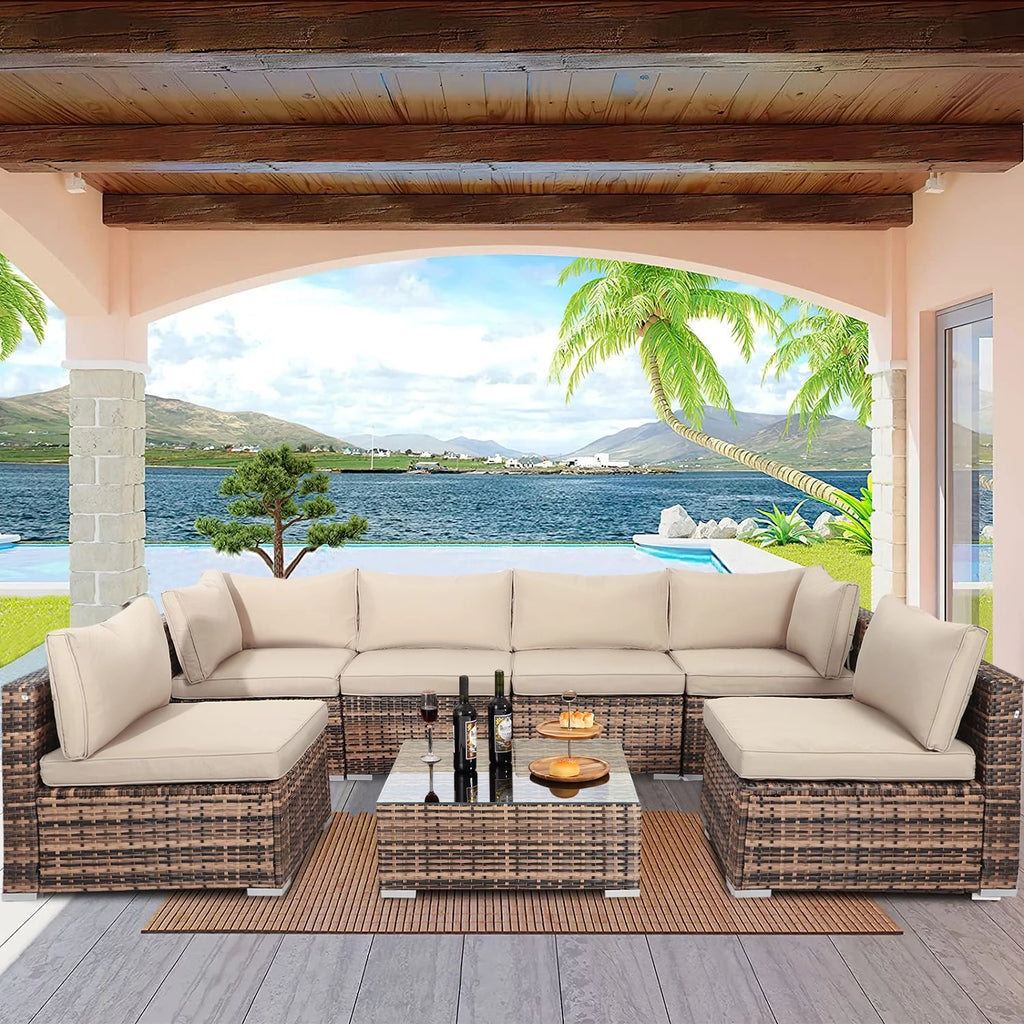 7 Pieces PE Rattan Patio Furniture Set with Table and Cushions W32096