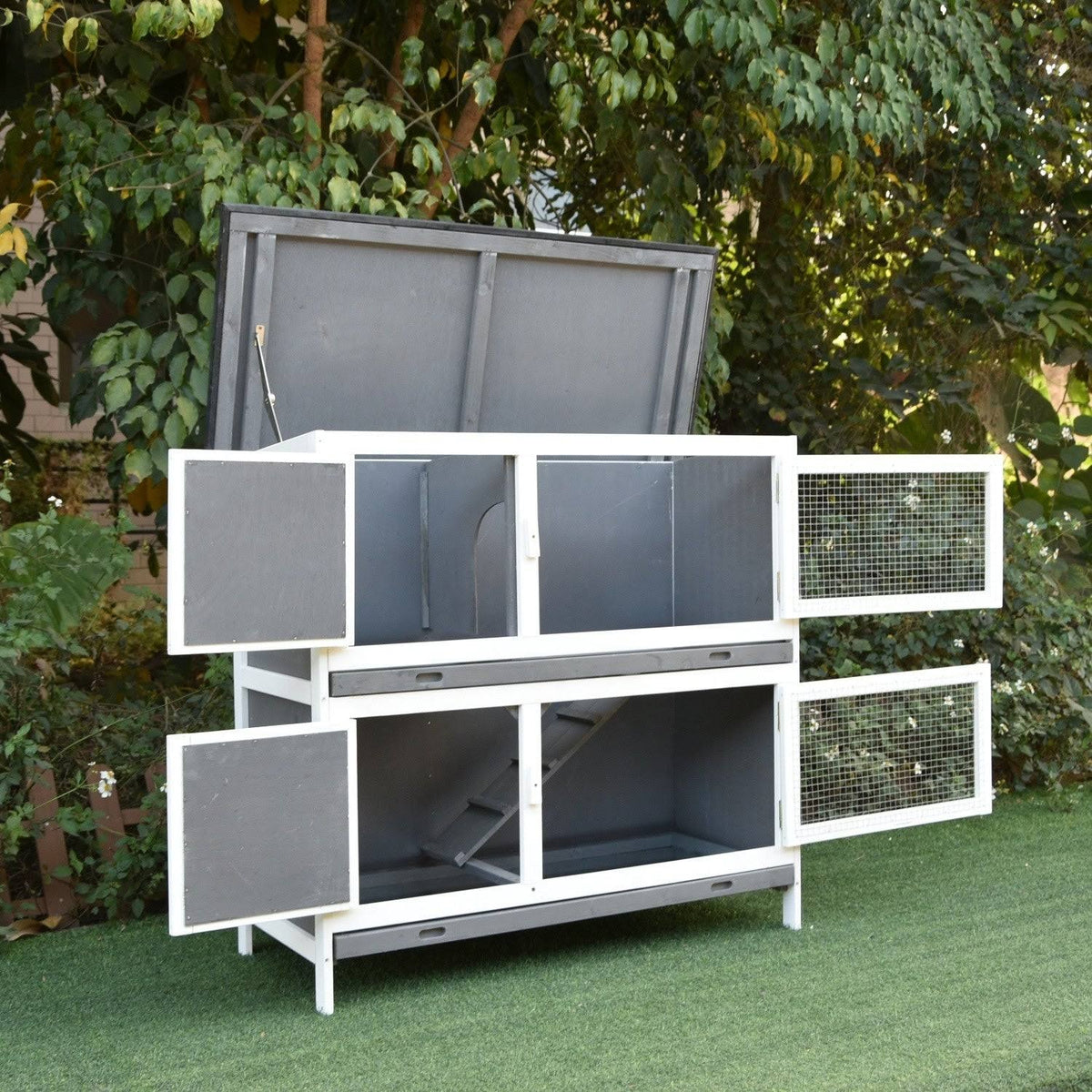 Solid Wood Rabbit Hutch with 2 Main Rooms G3613