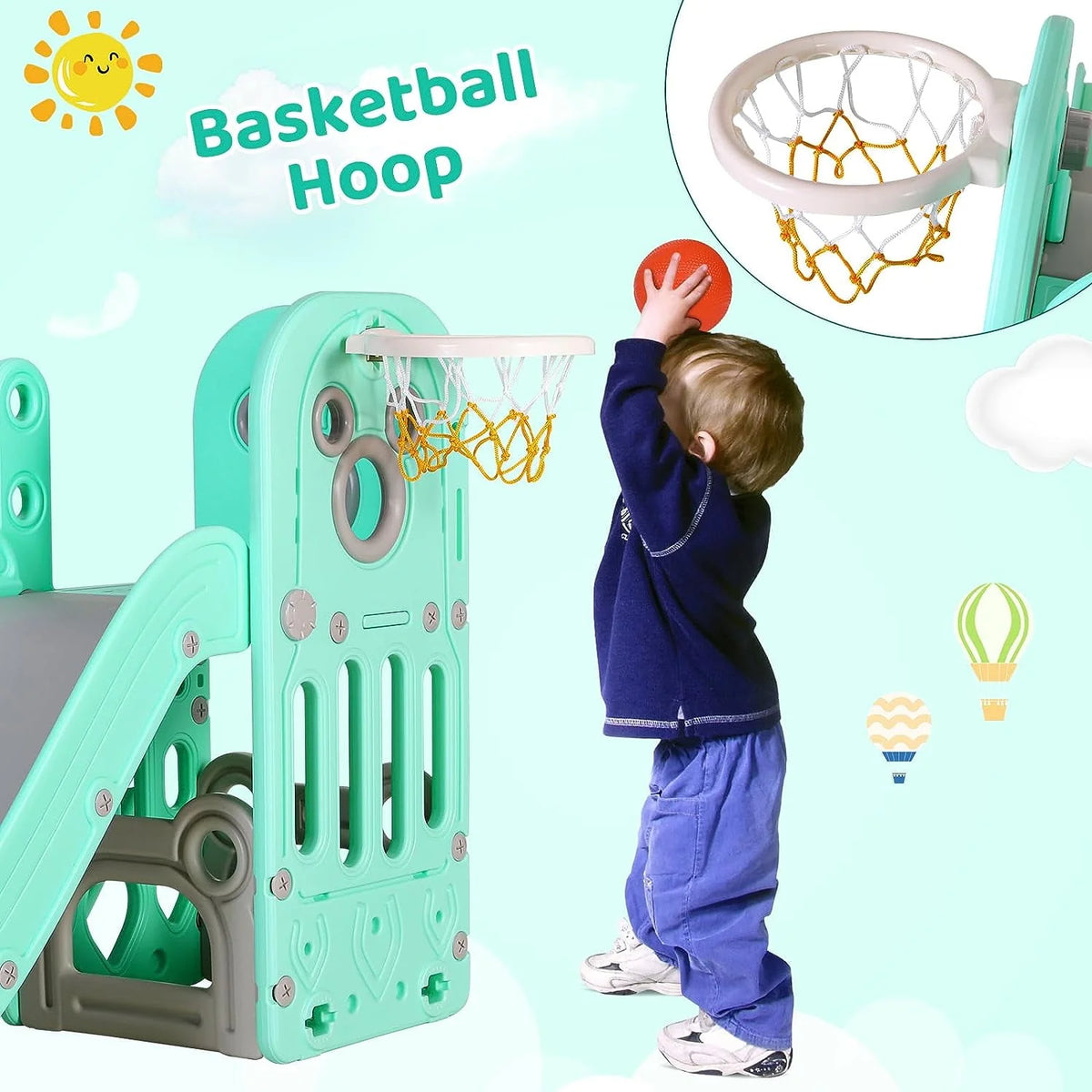 4 in 1 Toddler Slide and Climber Playset with Basketball Hoop B992