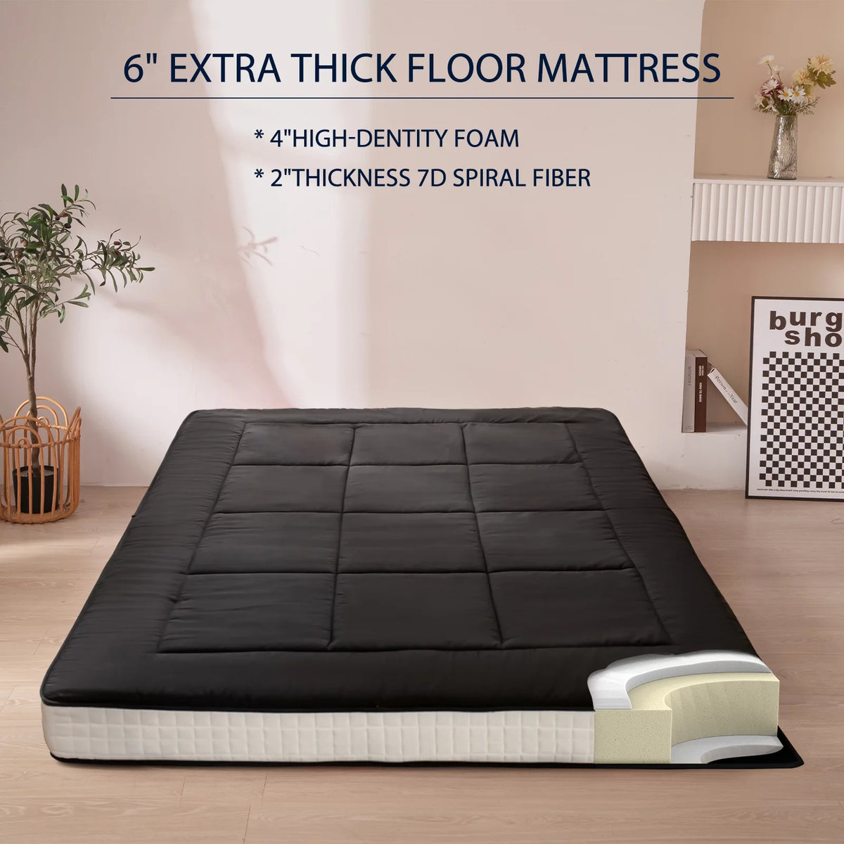 6" Extra Thick Foldable Floor Mattress, Black, Twin G24539